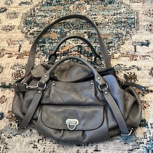 Gray, genuine, leather hobo bag.